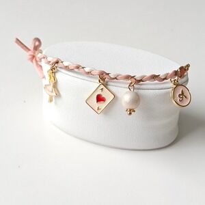 Alice in Wonderland Charm Bracelet Pink Braided Leather Pearl Ace of Hearts Gold